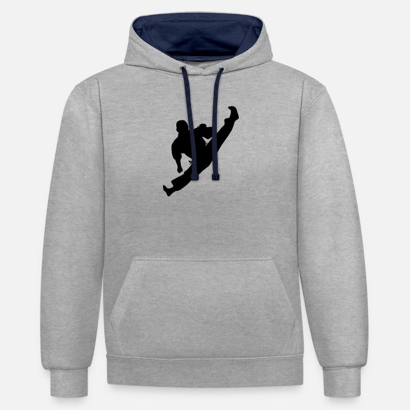 Jumpkick Geri Kick Karate oder Teakwondo - Kontrast-Hoodie - Grau meliert/Navy