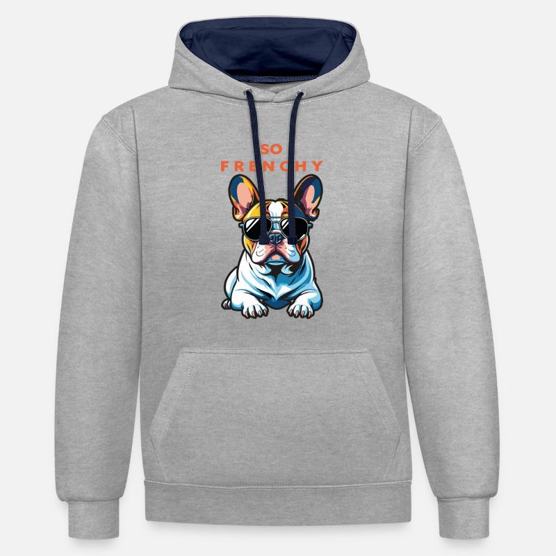 Bouledogue français Pop Chic Lunettes - Sweat à capuche contrasté - gris chiné/bleu marine