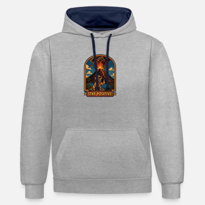 Chien devant un volcan – Restez positif - Sweat à capuche contrasté - gris chiné/bleu marine