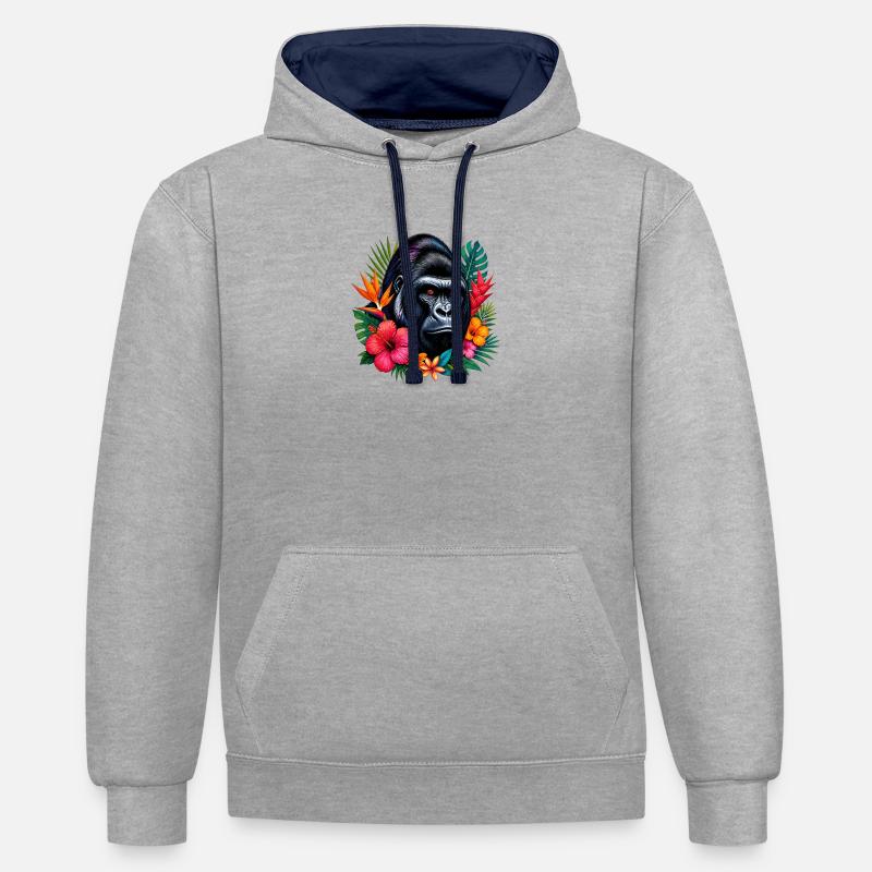 Gorille aux fleurs - Sweat à capuche contrasté - gris chiné/bleu marine