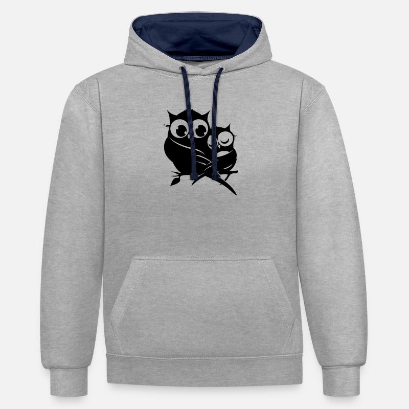 zwei Eulen auf einem Ast - Kontrast-Hoodie - Grau meliert/Navy