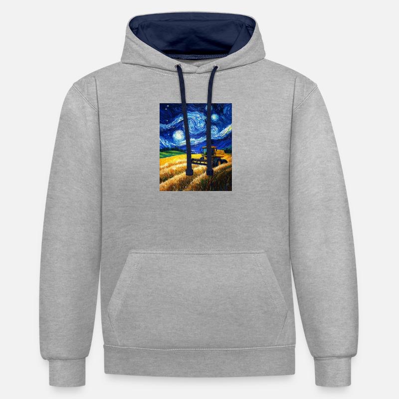 moissonneuse-batteuse fermier style van gogh étoilé - Sweat à capuche contrasté - gris chiné/bleu marine