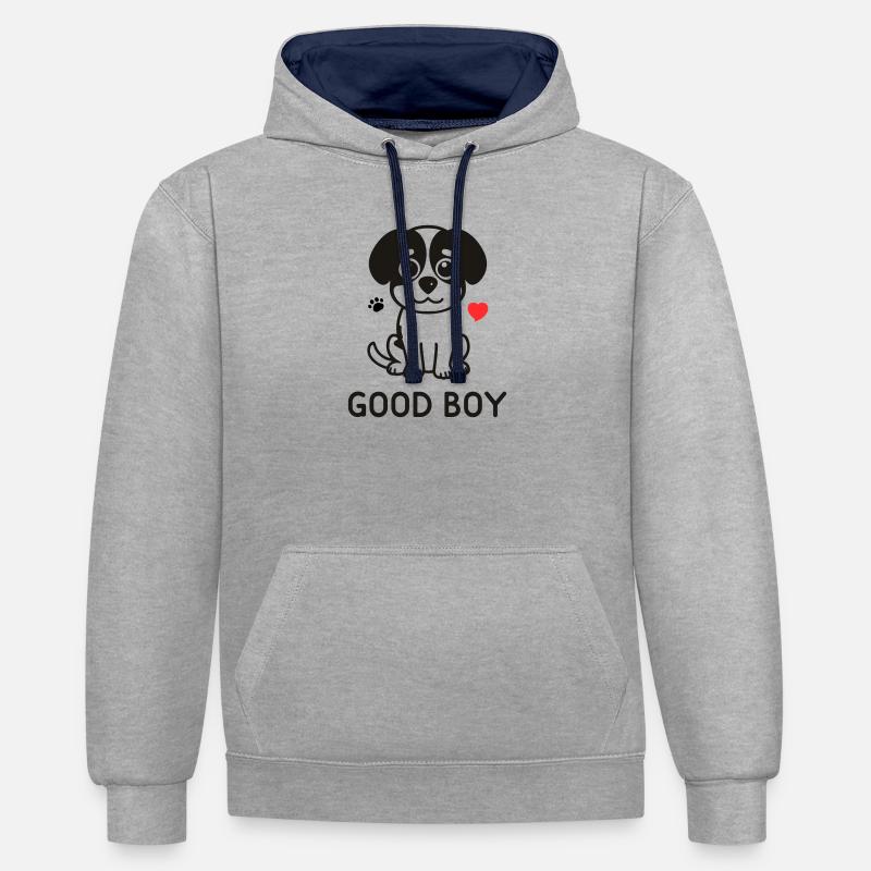 Bon garçon – Motif du chien mignon - Sweat à capuche contrasté - gris chiné/bleu marine