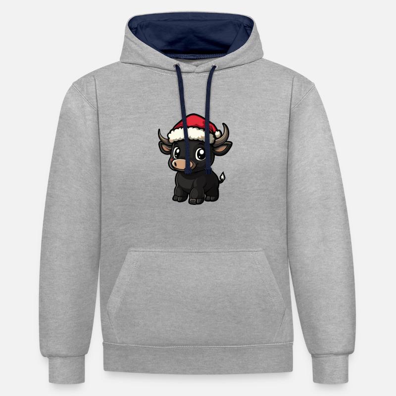 Taureau Noël mignon - Sweat à capuche contrasté - gris chiné/bleu marine