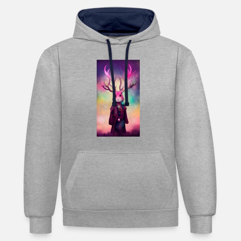 Le lapin-cerf mage - Sweat à capuche contrasté - gris chiné/bleu marine