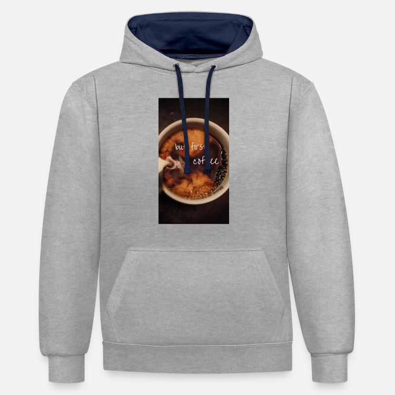 OK, mais premier café - Sweat à capuche contrasté - gris chiné/bleu marine