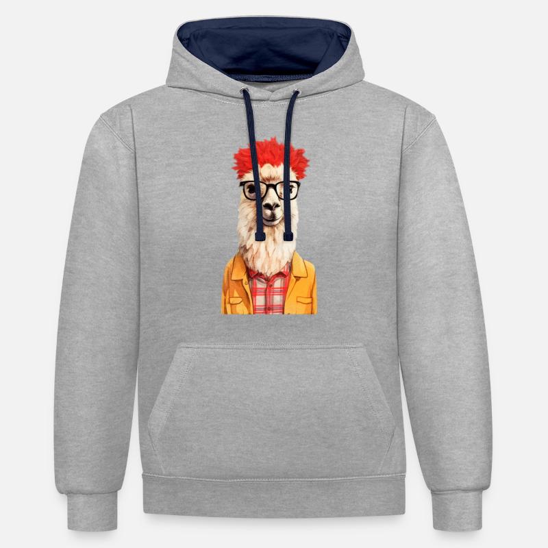 Lama hipster #lama - Sweat à capuche contrasté - gris chiné/bleu marine