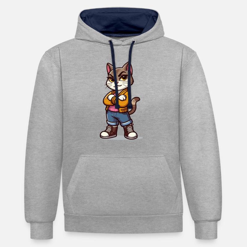 Chat forcé : fier, les jambes croisées - Sweat à capuche contrasté - gris chiné/bleu marine