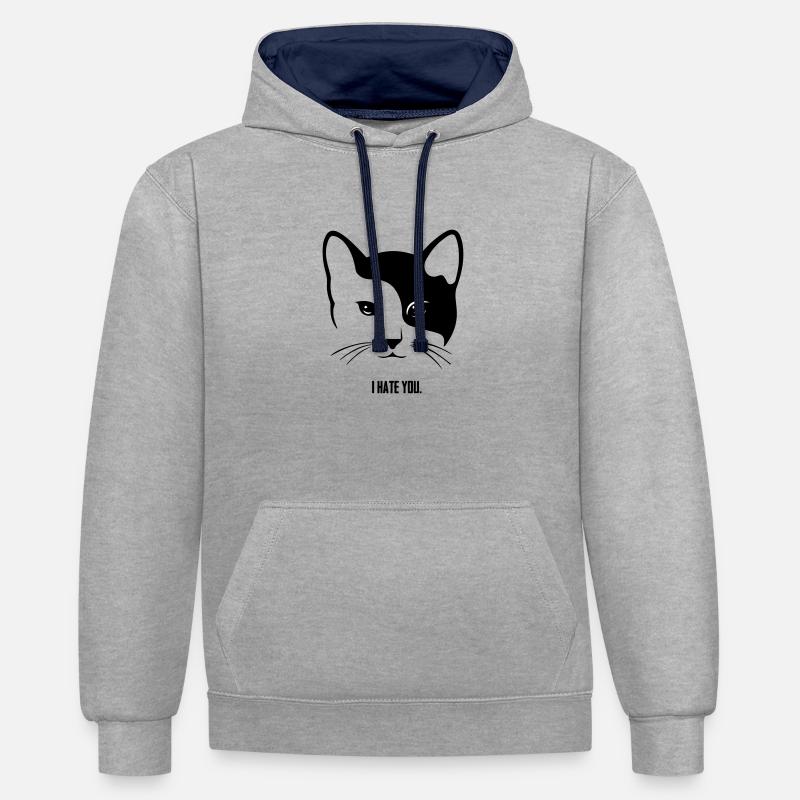 Chat: Je te déteste. - Sweat à capuche contrasté - gris chiné/bleu marine