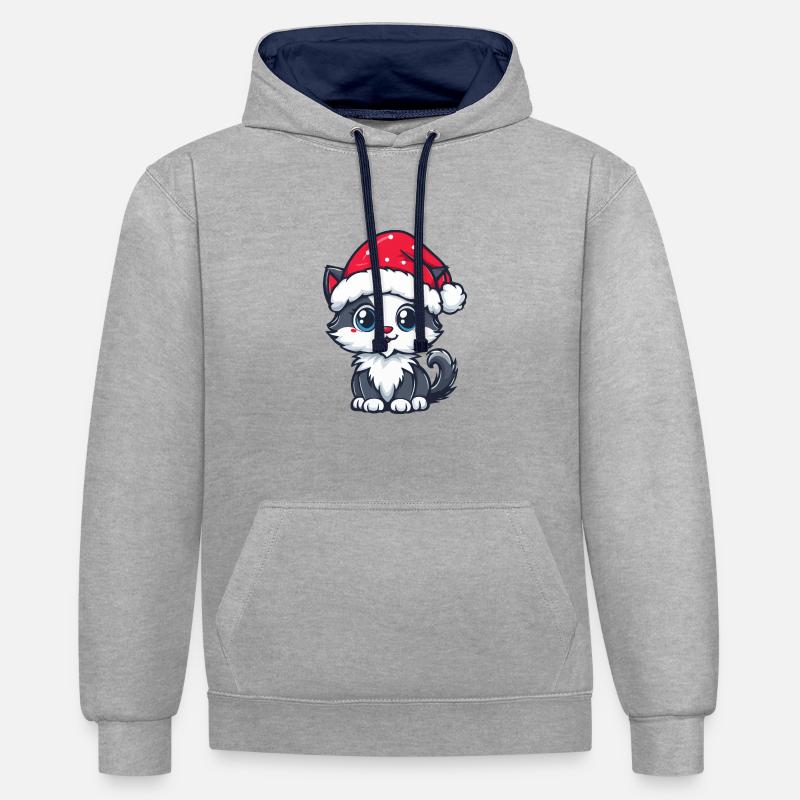 Chat Noël Mignon - Sweat à capuche contrasté - gris chiné/bleu marine