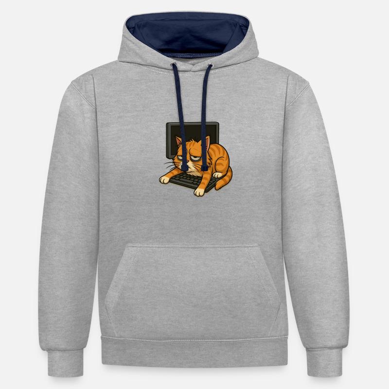 Chat Fatigué sur Clavier - Sweat à capuche contrasté - gris chiné/bleu marine