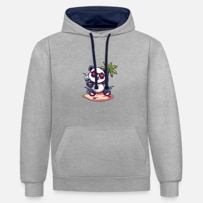 Panda Summer Beach Bande dessinée - Sweat à capuche contrasté - gris chiné/bleu marine