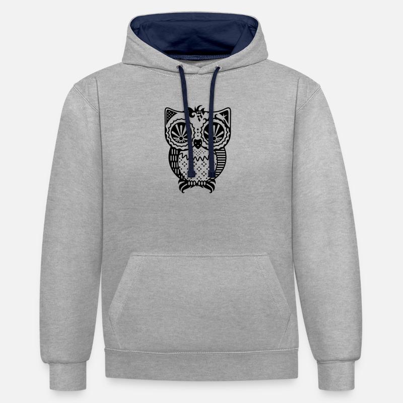 Patchwork Eule - Kontrast-Hoodie - Grau meliert/Navy