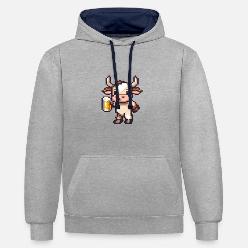 Vache bière pixel - Sweat à capuche contrasté - gris chiné/bleu marine