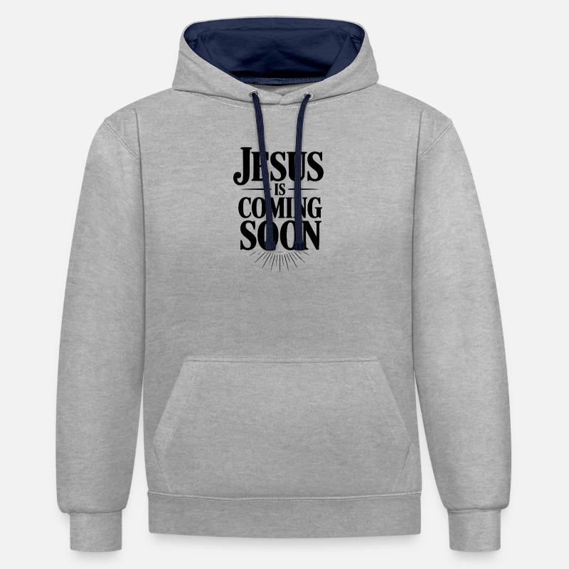 Jésus arrive bientôt - Sweat à capuche contrasté - gris chiné/bleu marine