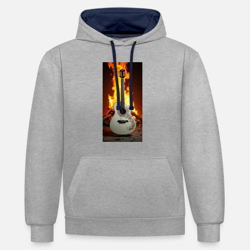 Guitare devant le feu - Sweat à capuche contrasté - gris chiné/bleu marine