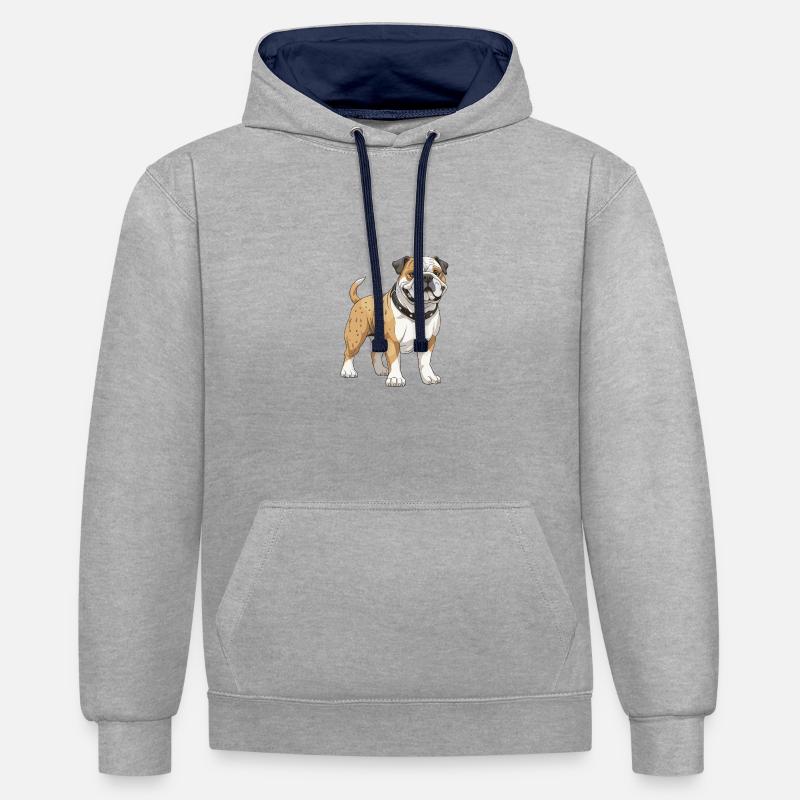 Chien bouledogue - Sweat à capuche contrasté - gris chiné/bleu marine