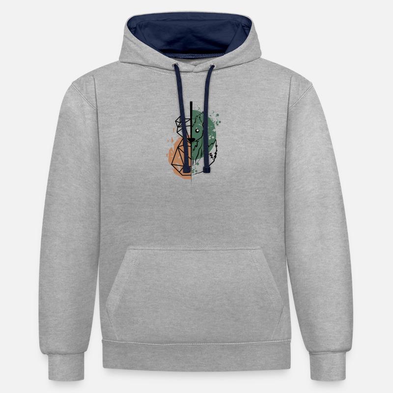 Renard origami vs dessin - Sweat à capuche contrasté - gris chiné/bleu marine