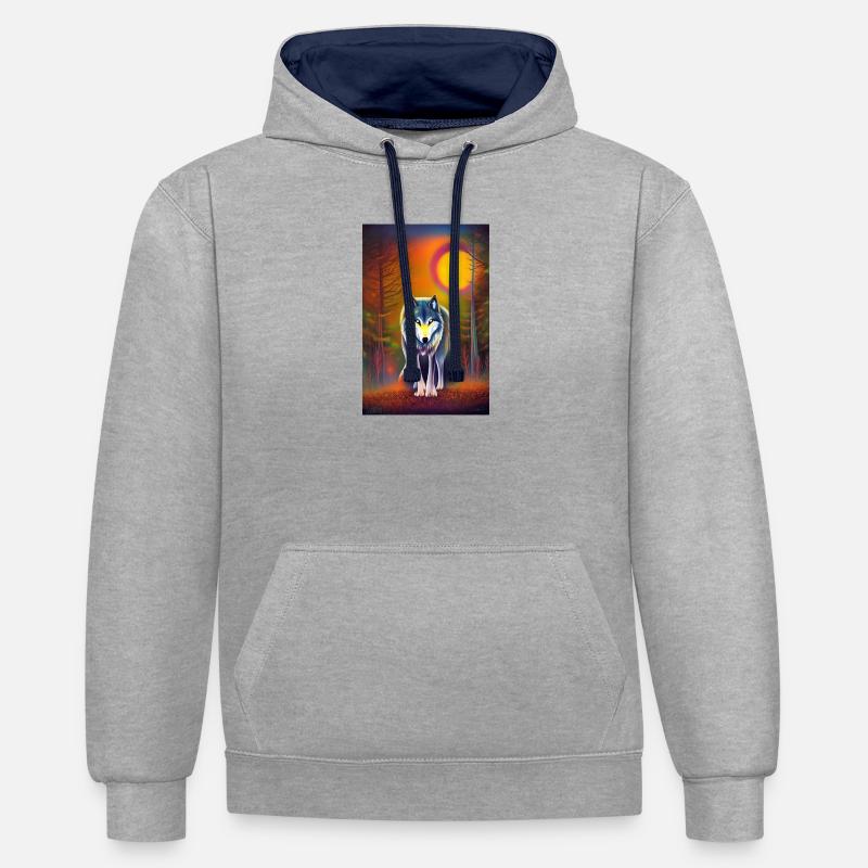Le loup et la lune - Sweat à capuche contrasté - gris chiné/bleu marine