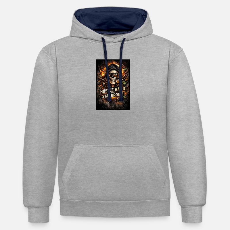 Hustle Hard oder Stay Broke - Kontrast-Hoodie - Grau meliert/Navy
