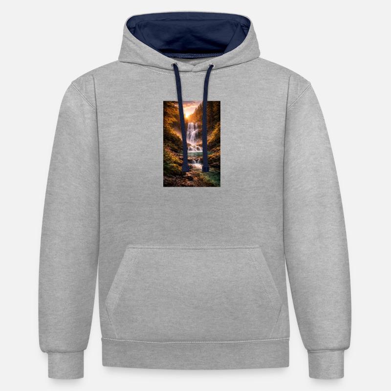 Wasserfall in der Abendsonne - Kontrast-Hoodie - Grau meliert/Navy