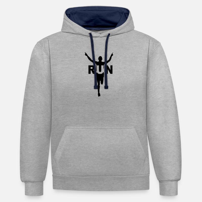 Run, course à pied, jogging , marathon - Sweat à capuche contrasté - gris chiné/bleu marine