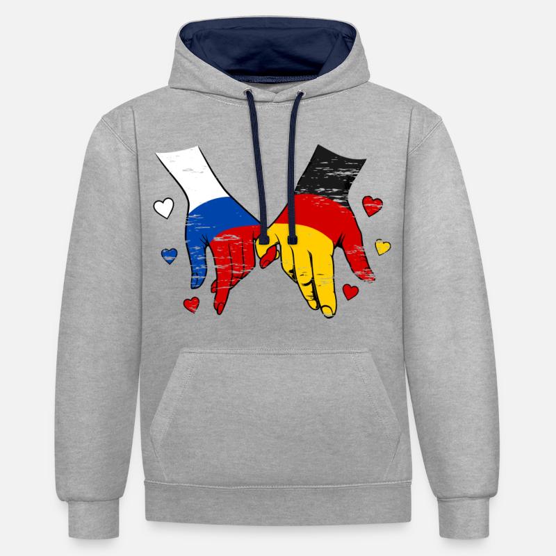 Drapeau russe-allemand se tenant la main - Sweat à capuche contrasté - gris chiné/bleu marine