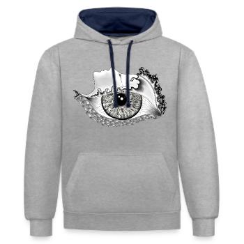 Großes Auge , schwarz, realistisch - Kontrast-Hoodie - Grau meliert/Navy - Vorne - Liana (172cm) & Jaron (178cm)