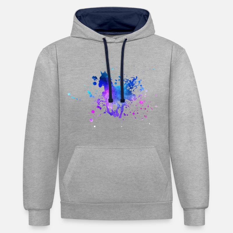 Aquarelle de silhouette de cheval - Sweat à capuche contrasté - gris chiné/bleu marine