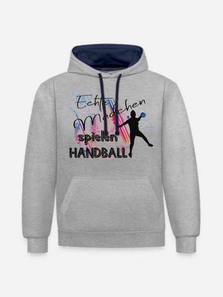 Echte Mädchen spielen Handball - Kontrast-Hoodie - Grau meliert/Navy