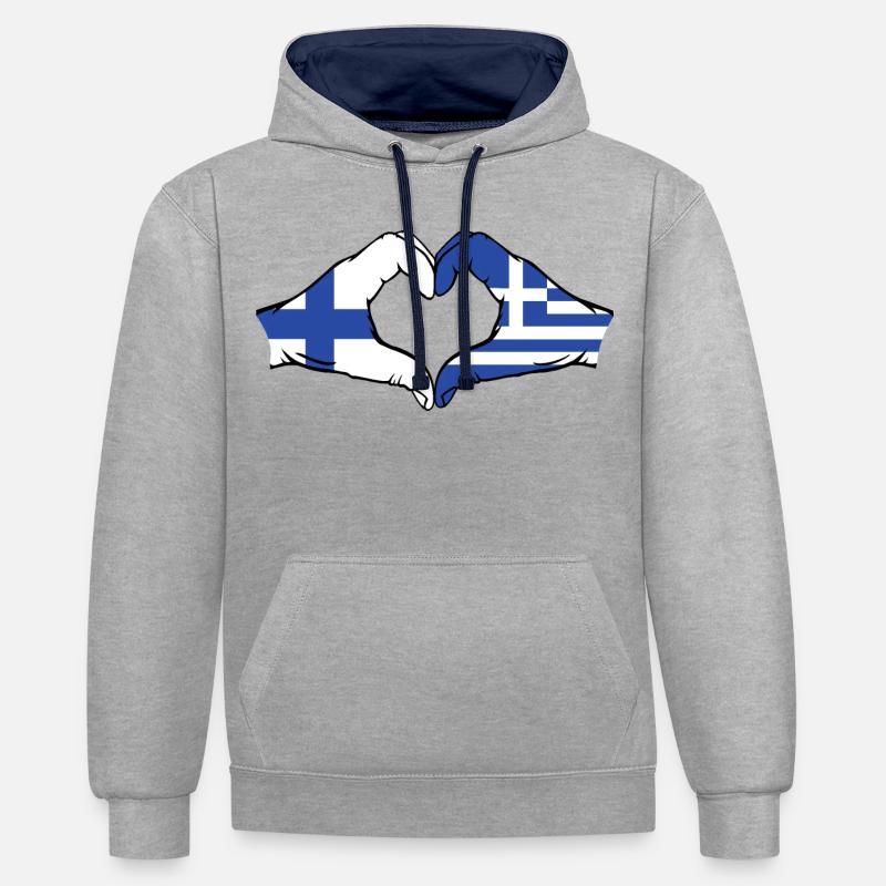 Finlande Grèce Drapeau Mains Coeur Forme - Sweat à capuche contrasté - gris chiné/bleu marine