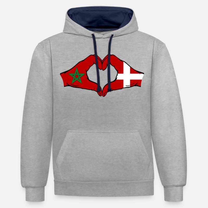 Maroc Danemark drapeau main coeur - Sweat à capuche contrasté - gris chiné/bleu marine
