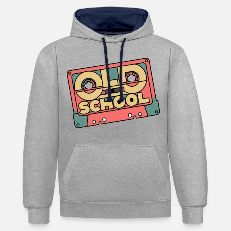 Retro Revival : Cassette Old School - Sweat à capuche contrasté - gris chiné/bleu marine