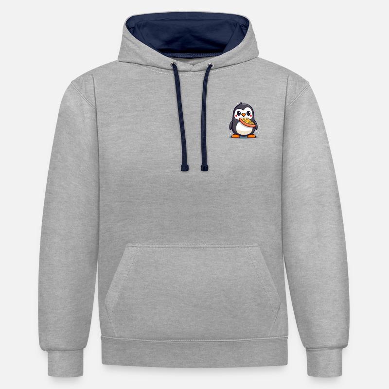 Pingouin sucré à la pizza - Sweat à capuche contrasté - gris chiné/bleu marine