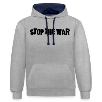 stop the war - Kontrast-Hoodie - Grau meliert/Navy - Vorne - Liana (172cm) & Jaron (178cm)