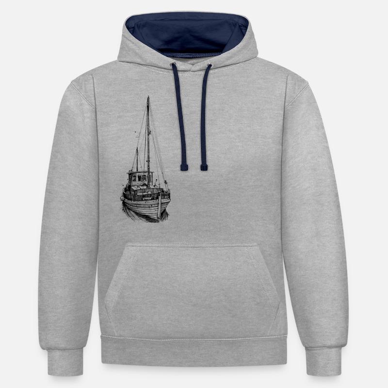 Ancienne illustration de coupe - Sweat à capuche contrasté - gris chiné/bleu marine