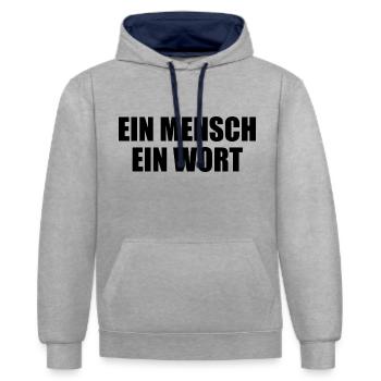 ein mensch ein wort - Kontrast-Hoodie - Grau meliert/Navy - Vorne - Liana (172cm) & Jaron (178cm)