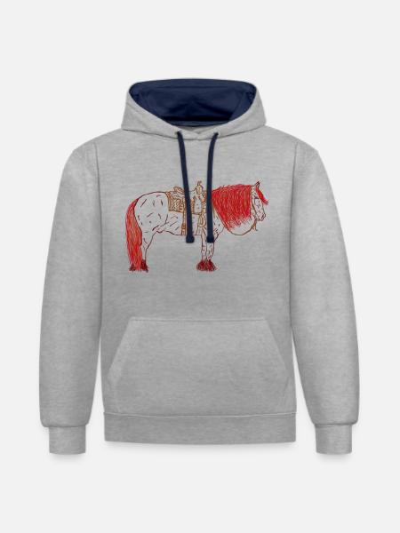 Pferd mit Sattel - Kontrast-Hoodie - Grau meliert/Navy
