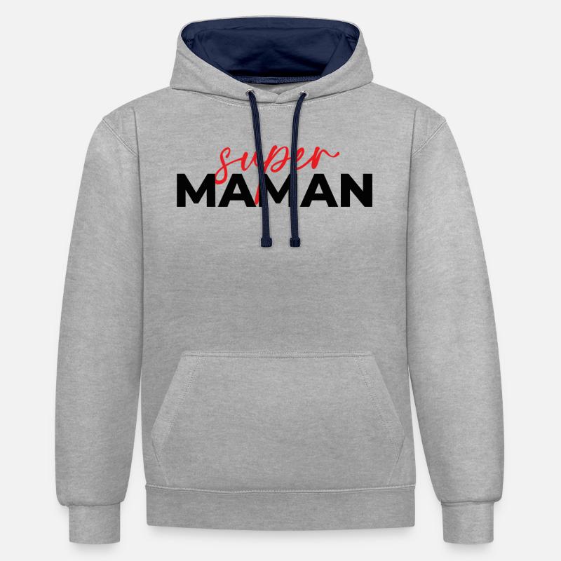 Super Maman Script Rouge sur Noir - Sweat à capuche contrasté - gris chiné/bleu marine