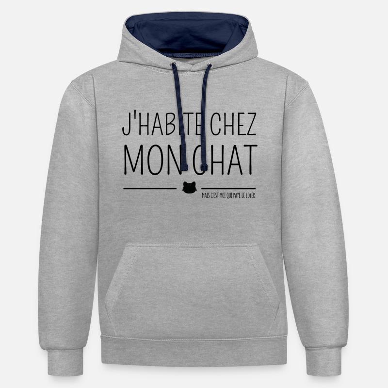 J'habite chez mon chat (mais...) - Sweat à capuche contrasté - gris chiné/bleu marine