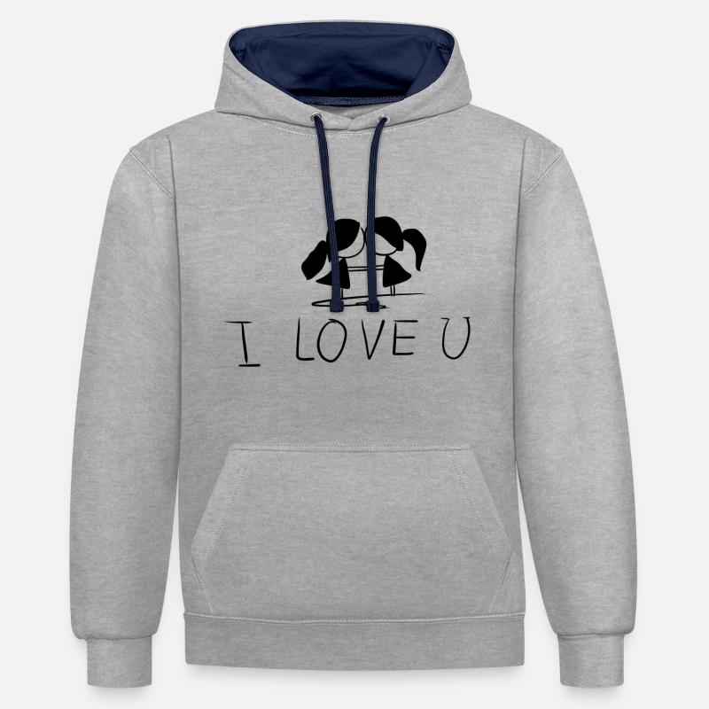 couple lesbien je t’aime - Sweat à capuche contrasté - gris chiné/bleu marine