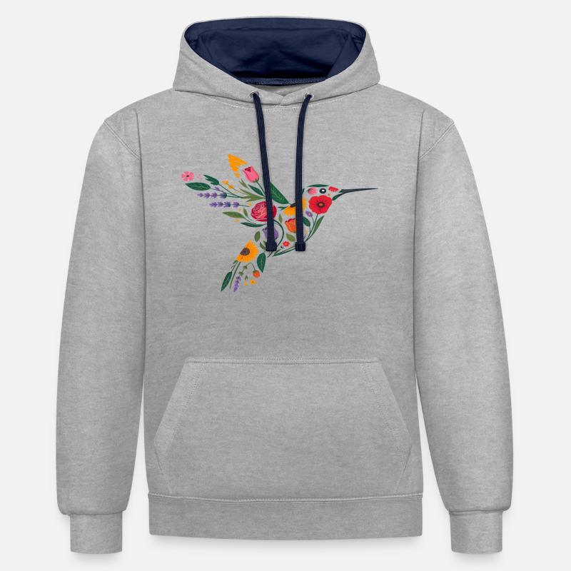 Graphisme Colibri Fleurs - Sweat à capuche contrasté - gris chiné/bleu marine