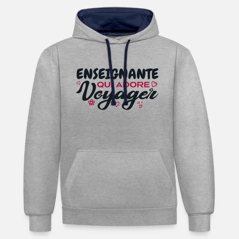 Enseignante globe-trotteuse passionnée de voyages - Sweat à capuche contrasté - gris chiné/bleu marine