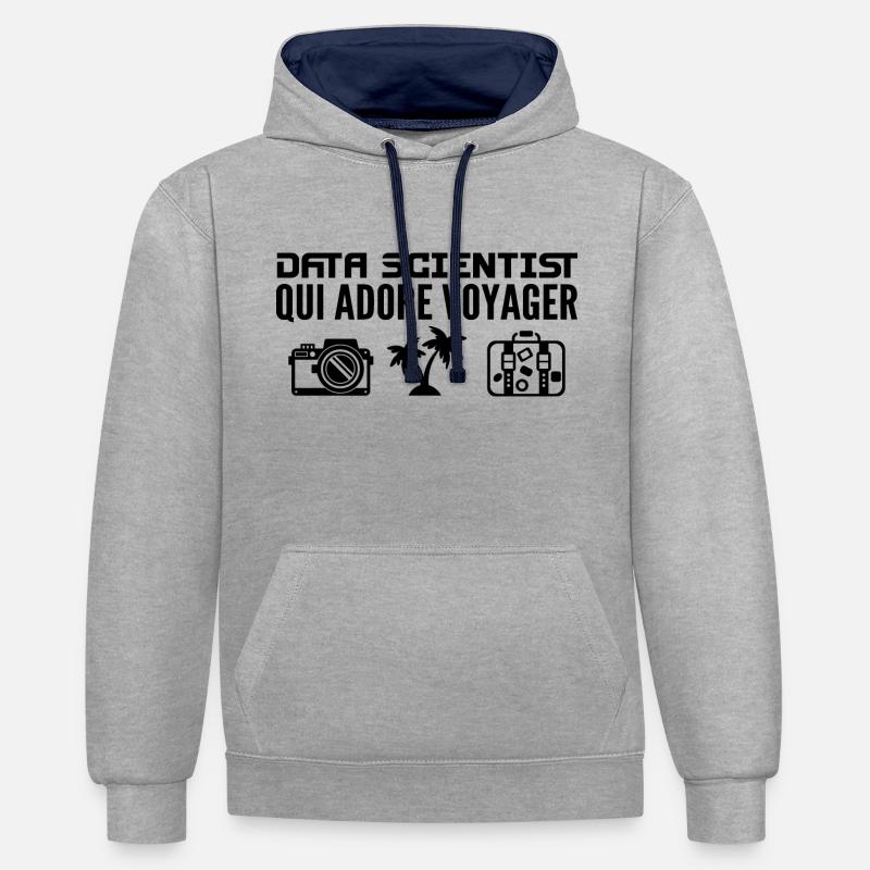 Voyageurs & Data Scientists : Passion & Découverte - Sweat à capuche contrasté - gris chiné/bleu marine