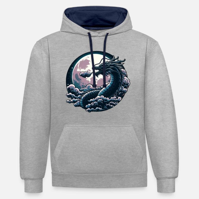 Étreinte énigmatique du dragon - Sweat à capuche contrasté - gris chiné/bleu marine