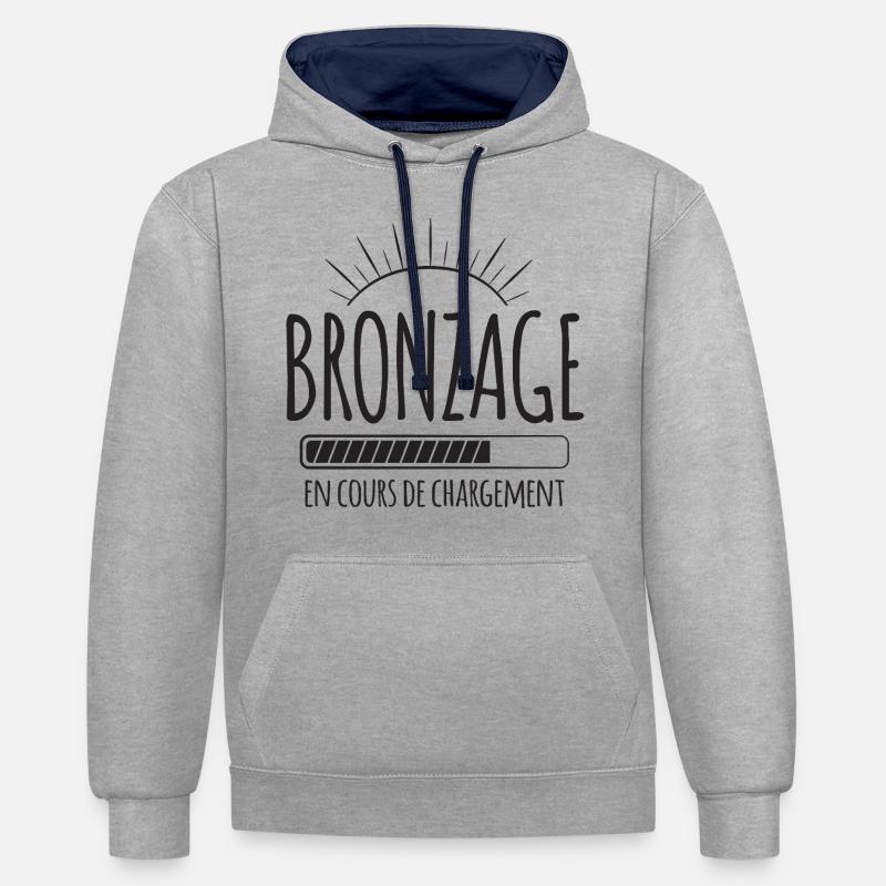 Tan Loading, Été, Vacances, Français - Sweat à capuche contrasté - gris chiné/bleu marine