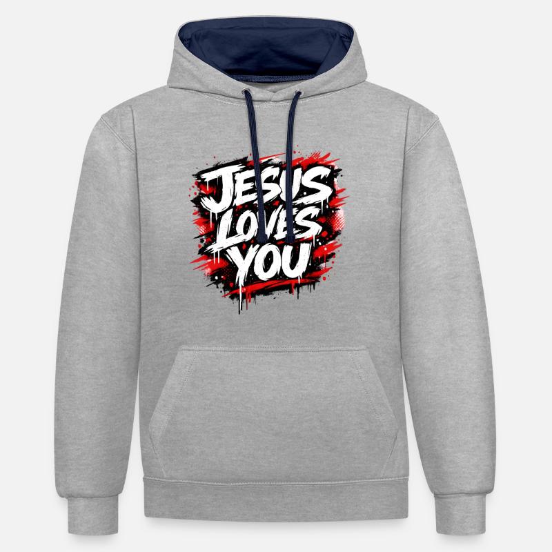 Déclaration de graffiti Jésus t’aime - Sweat à capuche contrasté - gris chiné/bleu marine