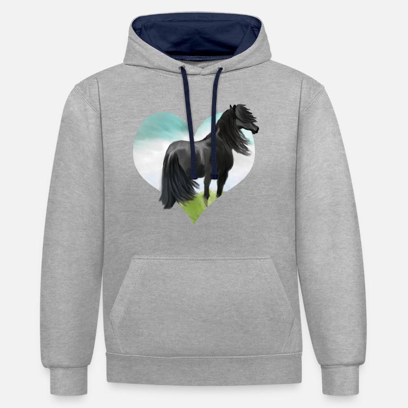 Aquarelle de cheval - Sweat à capuche contrasté - gris chiné/bleu marine