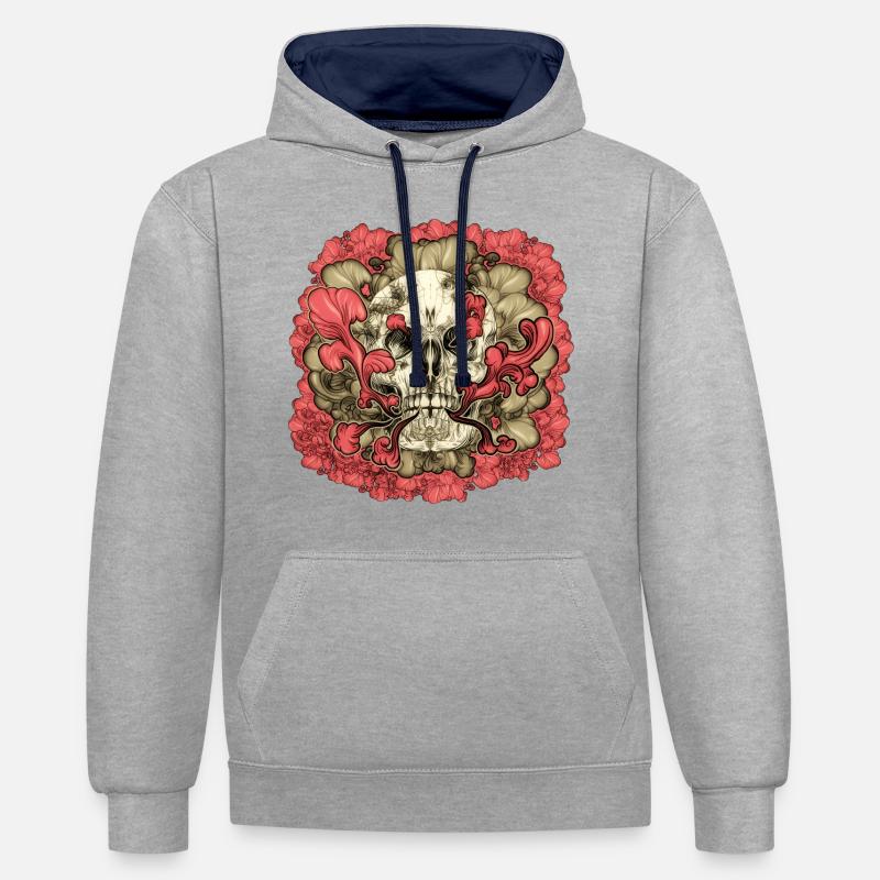 Fleur de crâne tatoué - Sweat à capuche contrasté - gris chiné/bleu marine