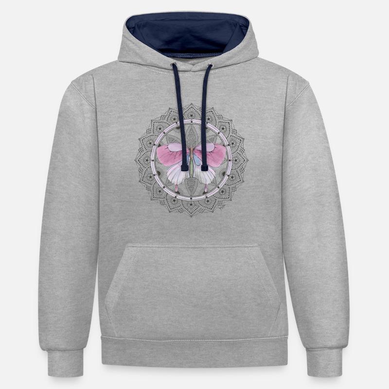 mandala papillon - Sweat à capuche contrasté - gris chiné/bleu marine